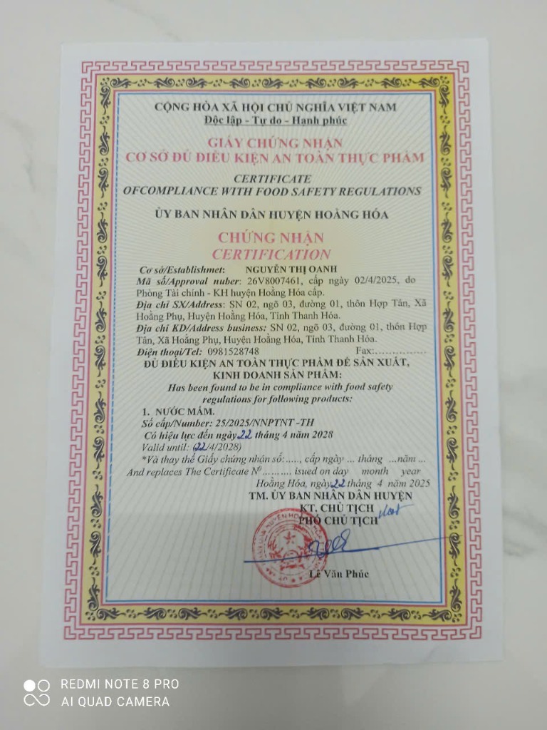 Giấy chứng nhận An Toàn Thực Phẩm - Nước Mắm Khúc Phụ